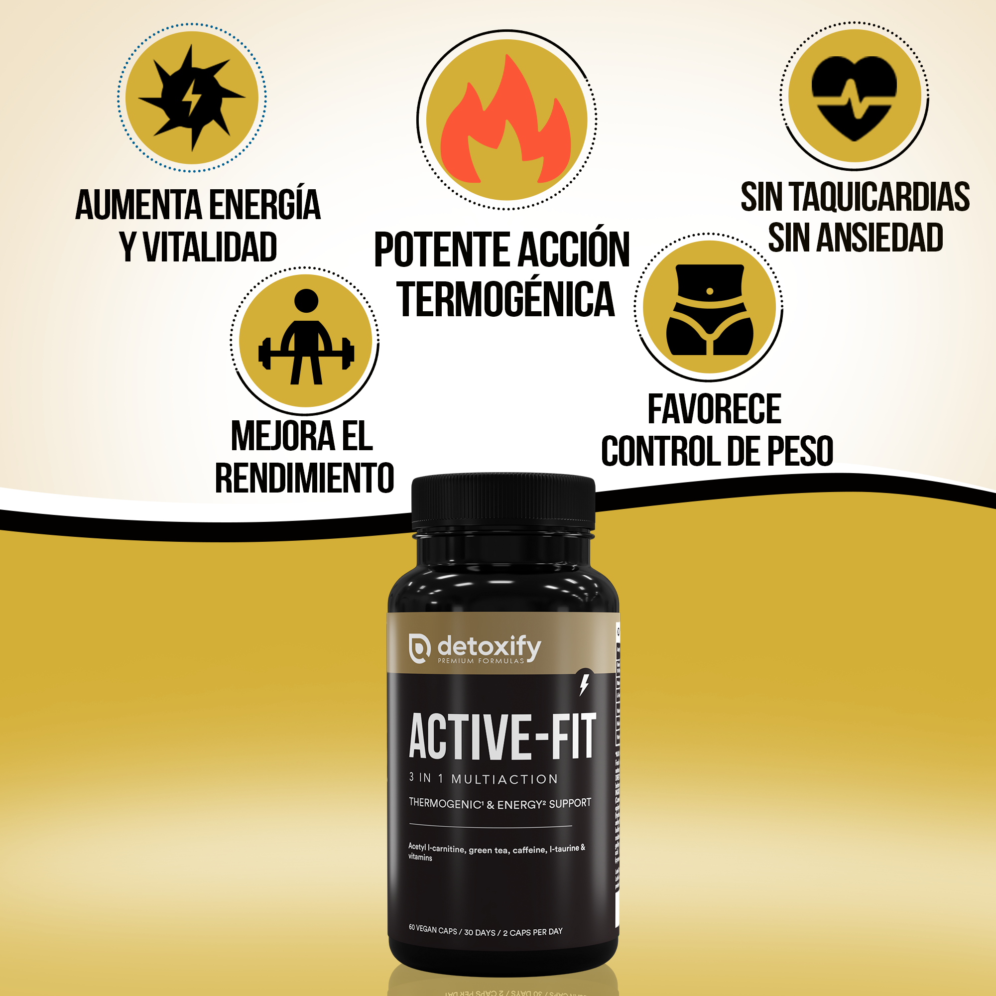 Detoxify Active-Fit | Termogénico | L-Carnitina, Té verde  | 60 Cápsulas | 30 Días