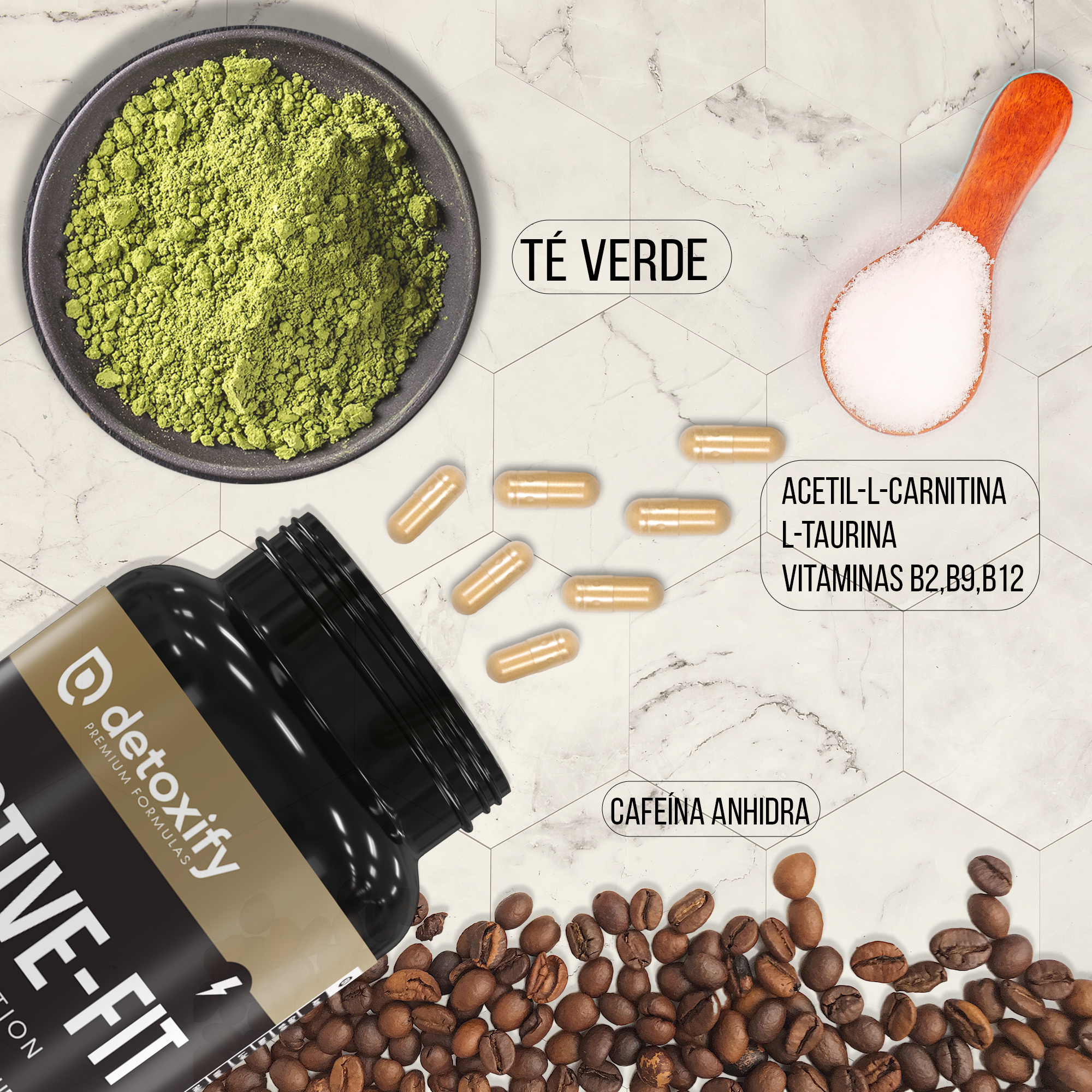 Detoxify Active-Fit | Termogénico | L-Carnitina, Té verde  | 60 Cápsulas | 30 Días