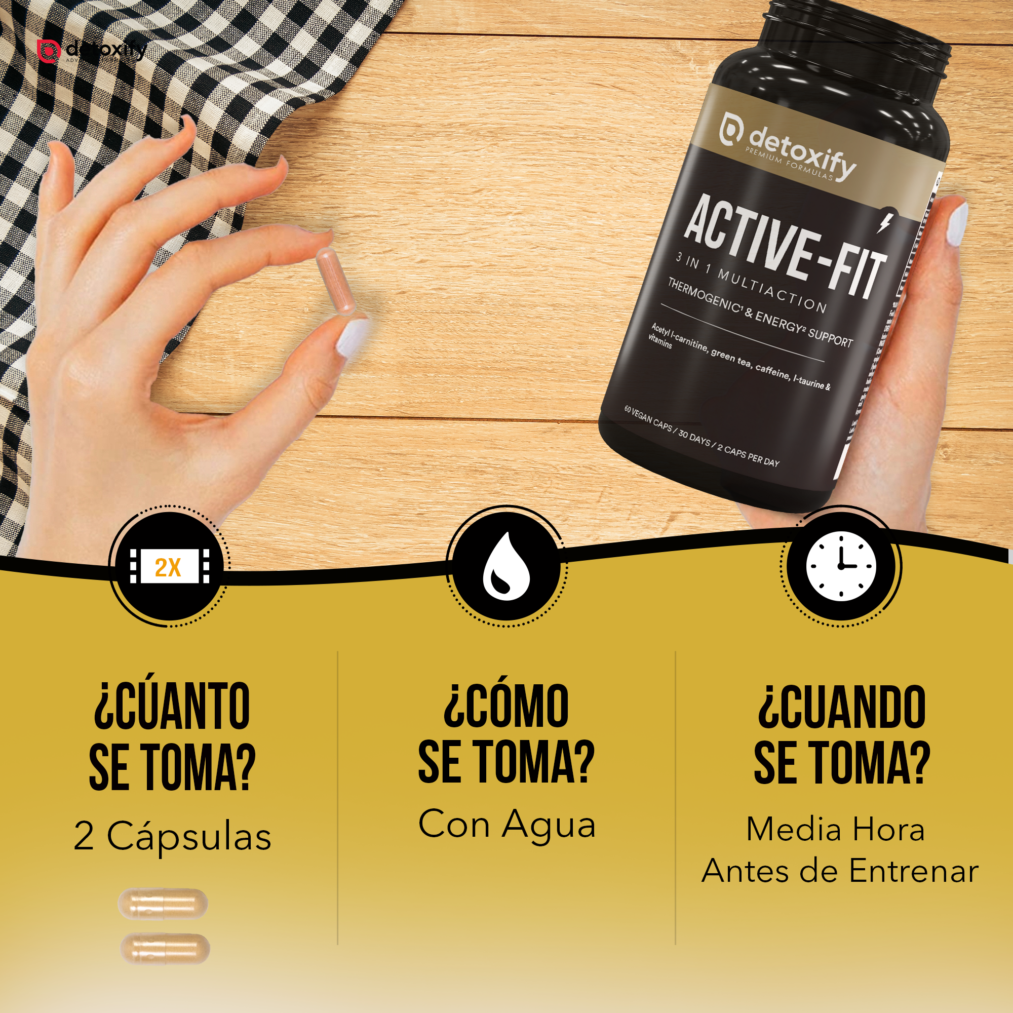 Detoxify Active-Fit | Termogénico | L-Carnitina, Té verde  | 60 Cápsulas | 30 Días
